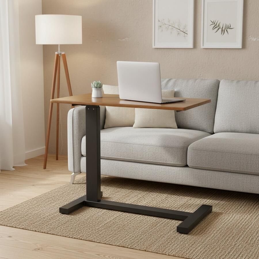 FATIVO Laptoptafel Bijzettafel op Wieltjes Verrijdbaar Tafeltje Verstelbare Hoogte Zwart met Eiken Blad 80L x 40B x 90Hcm Bedtafel Banktafel Nachtkastje Bijzettafel voor Bank en Sofa