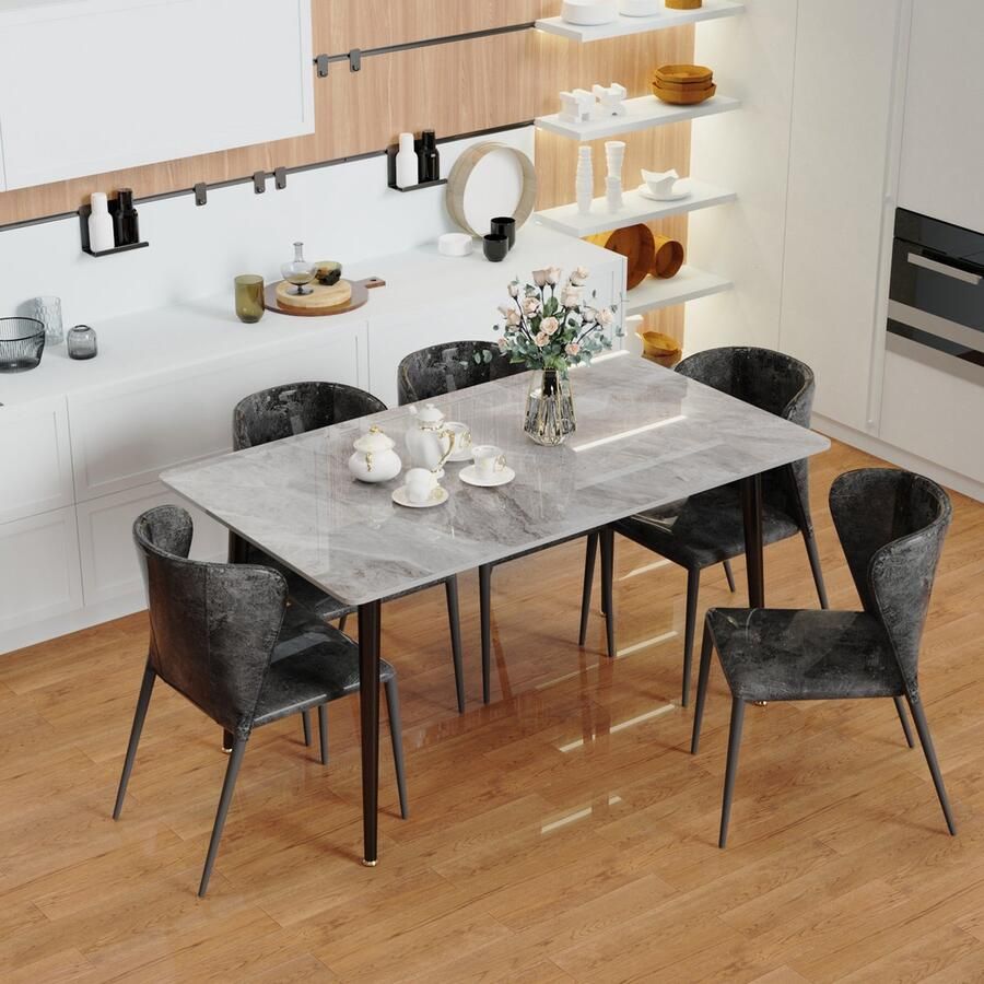 FATIVO rechthoekige Eettafel Keukentafel marmerlook 120x70x76cm Grijs & Zwart Modern Tafel voor Eetkamer Keuken Woonkamer