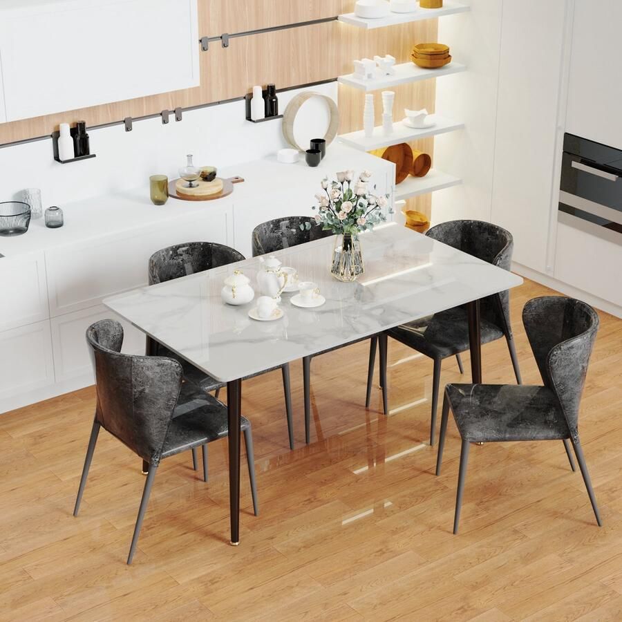FATIVO rechthoekige Eettafel Keukentafel marmerlook 120x70x76cm wit & Zwart Modern Tafel voor Eetkamer Keuken Woonkamer