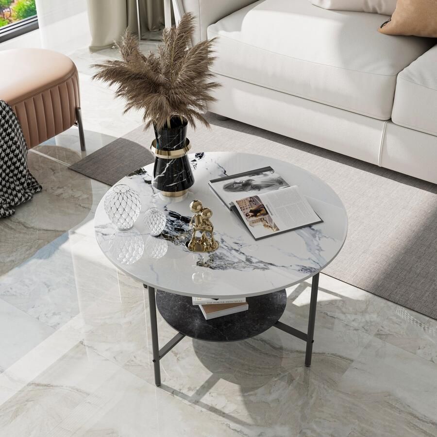 FATIVO Salontafel Rond Koffietafel Bijzettafel Marmer 2-Laags Wit & zwart metalen frame 80 x 47.5 cm ideaal voor woonkamer Slaapkamer kantoor buitentuin