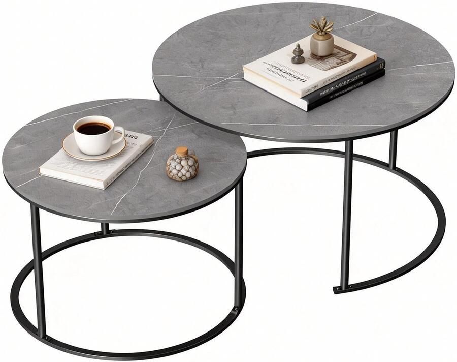 FATIVO Salontafels set van 2 Koffietafel Marmer donkergrijs stapelbare Bijzettafels zwart metalen frame ideaal voor woonkamer Slaapkamer kantoor 80x45cm & 60x40cm - Foto 2