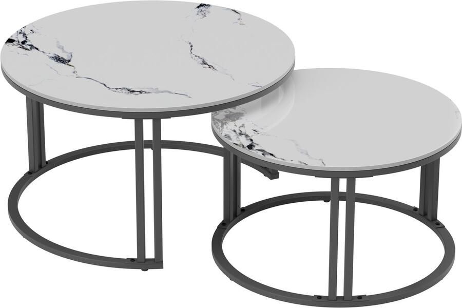 FATIVO Salontafels set van 2 Koffietafel Marmer stapelbare Bijzettafels zwart metalen frame ideaal voor woonkamer Slaapkamer kantoor buitentuin Jade Wit + zwart 70x41cm & 57x35 cm - Foto 2