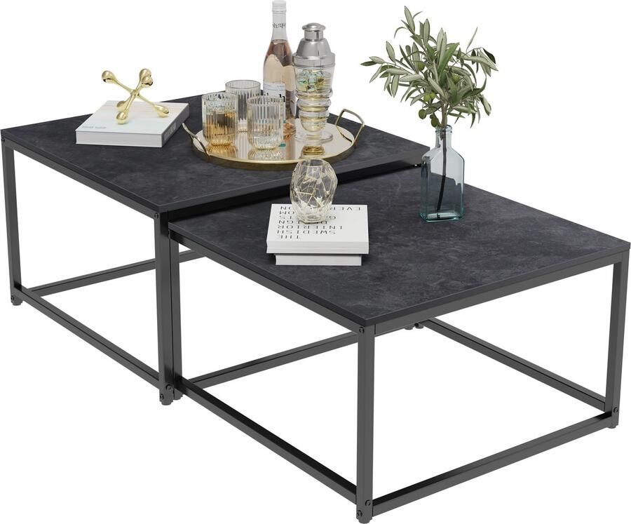 FATIVO Salontafels set van 2 vierkante salontafels met gesinterde stenen blad stapelbare bijzettafels zwart metalen frame eenvoudige montage ideaal voor woonkamer of kleinere ruimtes Donkergrijze textuur + zwart 65x65x40 cm & 60x60x36 cm - Foto 2