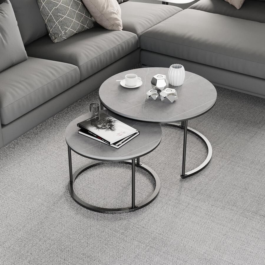 FATIVO Salontafels set van 2 Koffietafel Marmer donkergrijs stapelbare Bijzettafels zwart metalen frame ideaal voor woonkamer Slaapkamer kantoor 80x45cm & 60x40cm