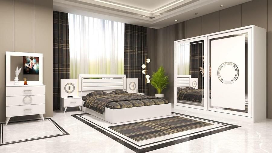 Favorie 6 delige Slaapkamer Compleet wit Bed 160 x 200 Kledingkast 2x Nachtlades Commode Spiegel