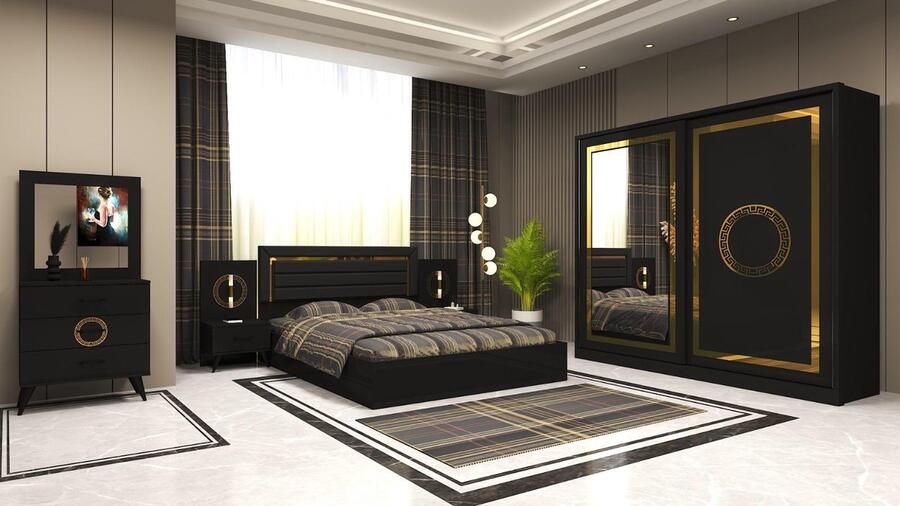 Favorie 6 delige Slaapkamer Compleet zwart:gold Bed 160 x 200 Kledingkast 2x Nachtlades Commode Spiegel