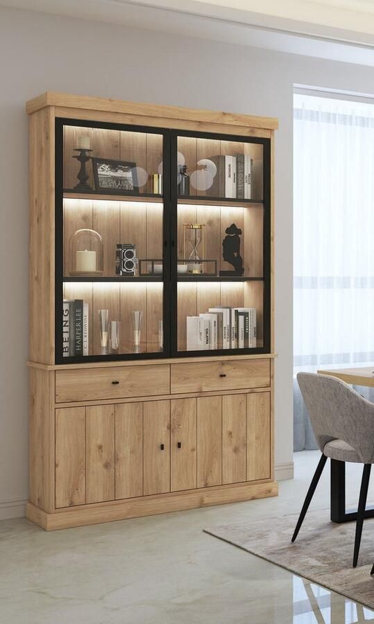 Favorie Balencia lichte eik- vitrinekast 2 deuren 124cm met Led verlichting