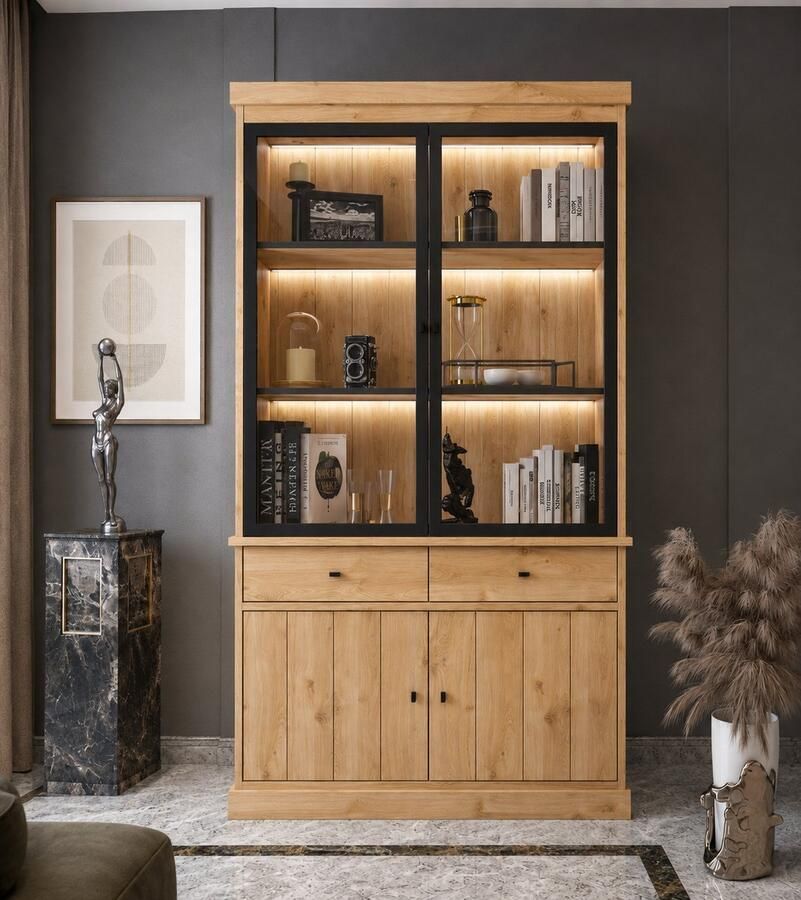 Favorie Balencia lichte eik- vitrinekast 2 deuren 124cm met Led verlichting - Foto 2