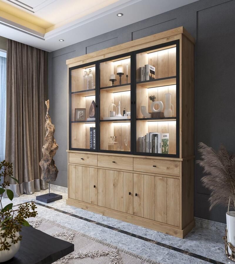 Favorie Balencia lichte eik- vitrinekast 3 glasdeuren 182cm met Led verlichting