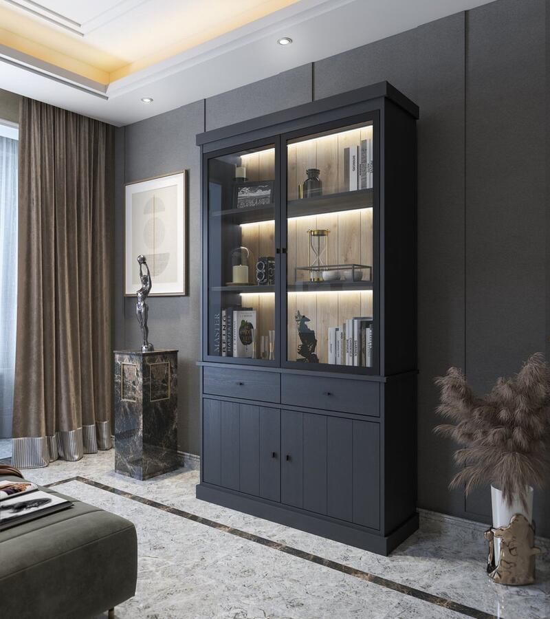 Favorie Belfurn Balencia zwart- vitrinekast 2 deuren 124cm met Led verlichting