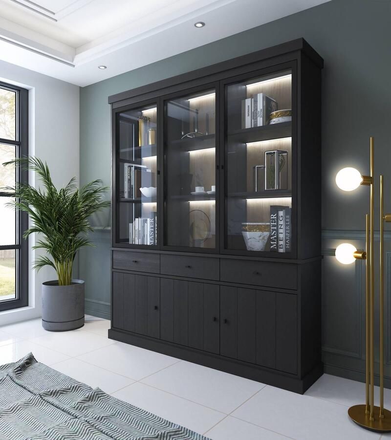 Favorie Belfurn Balencia zwart- vitrinekast 3 glasdeuren 182cm met Led verlichting