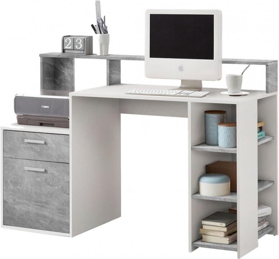 Fd Furniture Bureau Bolton 138 breed in wit met grijs beton
