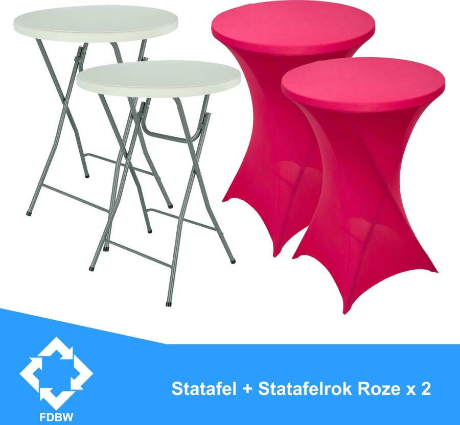 FDBW Statafel x 2 + Roze Statafelrok x 2 – 80 cm Dia x 110 cm hoog – Cocktailtafel – Hoge staan tafel – Breed Blad – Inclusief Roze Statafelhoes – Staantafelrok Stretch Rok