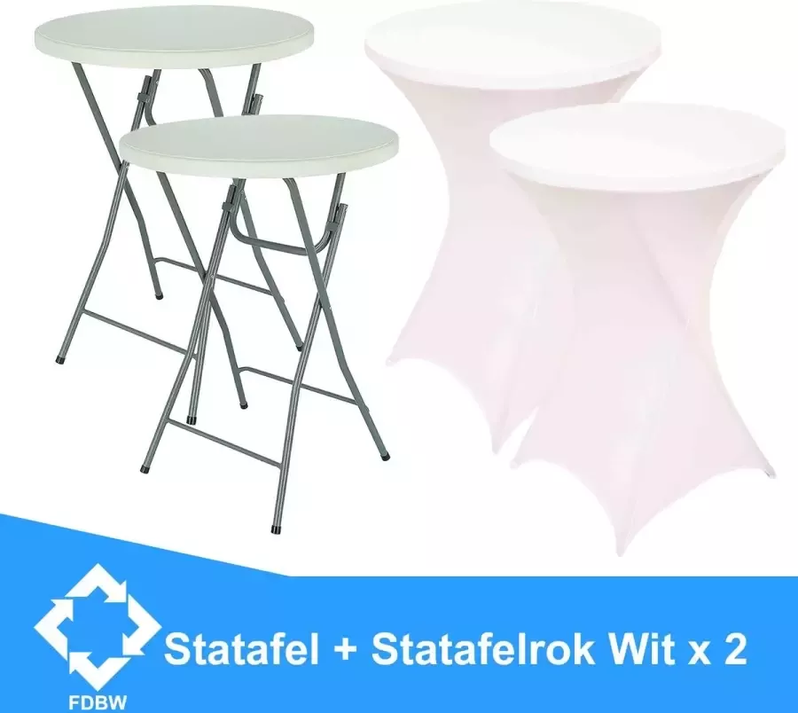 FDBW Statafel x 2 + Wit Statafelrok x 2 – 80 cm Dia x 110 cm hoog – Cocktailtafel – Hoge staan tafel – Breed Blad – Inclusief Wit Statafelhoes – Staantafelrok Stretch Rok