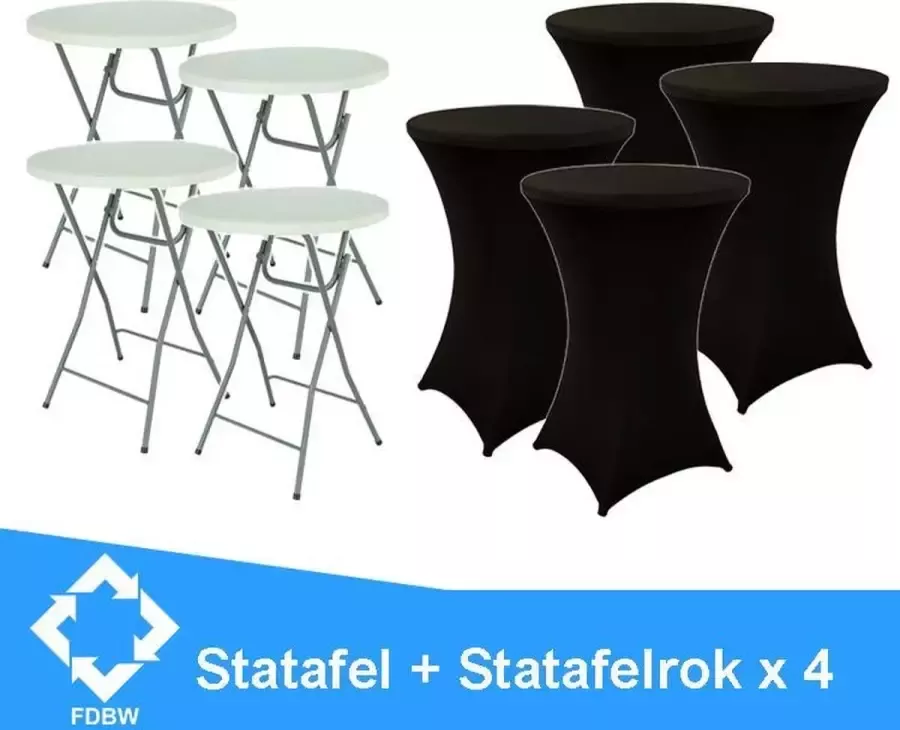 FDBW Statafel x 4 + Zwarte Statafelrok x 4 – 80 cm Dia x 110 cm hoog – Cocktailtafel – Hoge staan tafel – Breed Blad – Inclusief Zwarte Statafelhoes – Staantafelrok Stretch Rok – Horeca Statafel Wit met Staantafelhoes Zwart