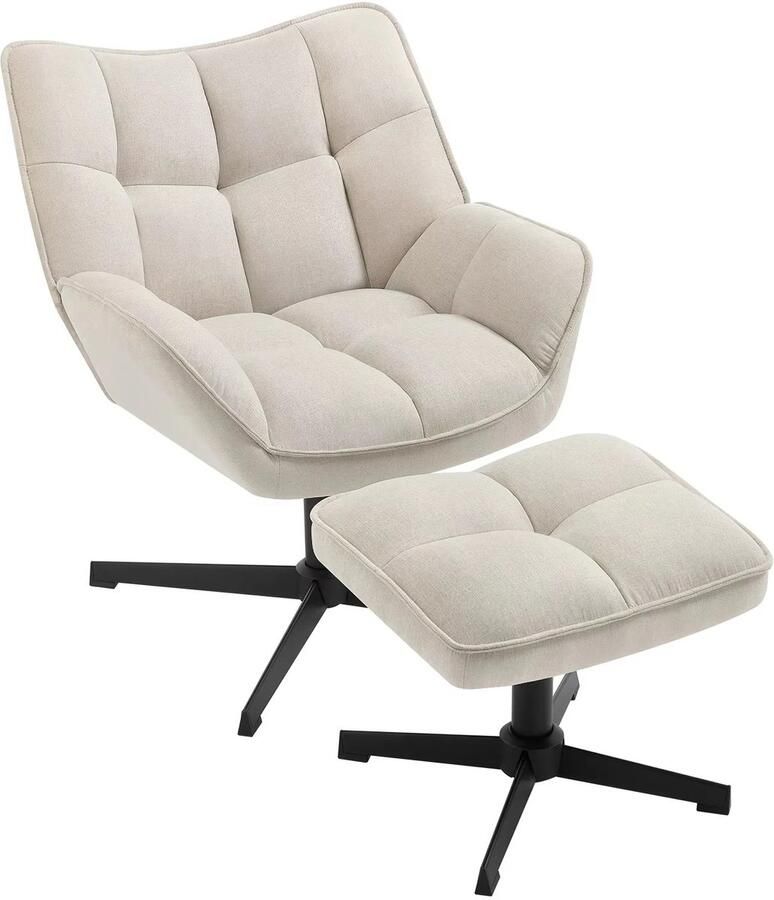 Feemi Fauteuil Loungestoel Stoel Incl. Voetenbank 360° Draaibaar Metalen Frame Ergonomisch 67 x 68 x 80.5 cm Beige