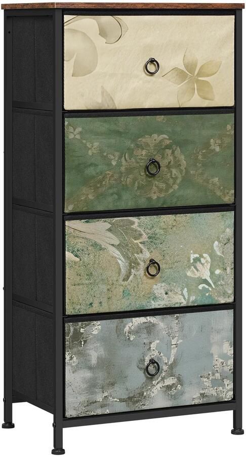 Feemi Ladekast Ladenkast Opbergkast 4 Stoffen Lades Dressoir Vintage Bloemenmotief Metalen Frame 30 x 45 x 95 cm