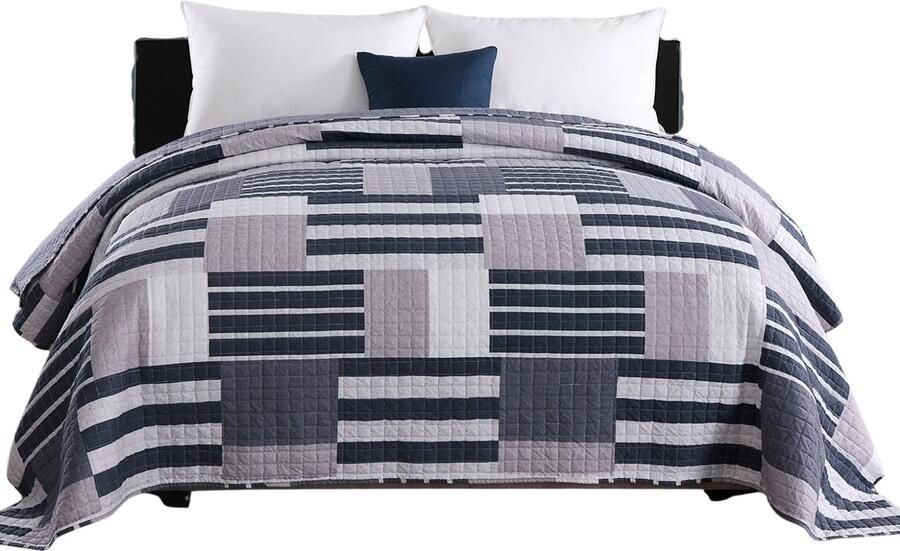 Feemi Sprei Plaid Bedsprei Tweepersoonsbed – Omkeerbaar Design – Zachte Gewatteerde Deken 170 x 210 cm – Blauw Wit