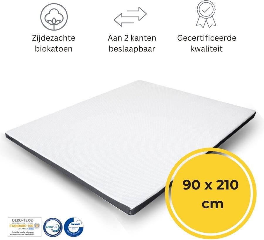 Felman Premium Hybrid Topdekmatras 90x210 cm Inclusief Hoeslaken Ergonomisch Organische Biokatoen 7 cm