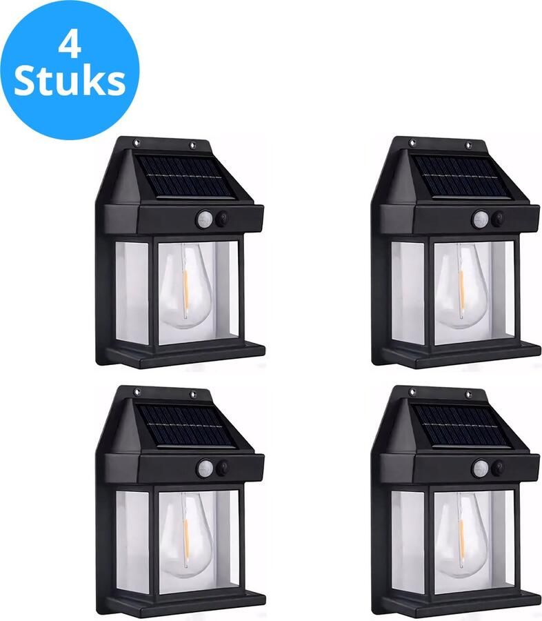 Feygo 4 Stuks Voordeelverpakking Tuinverlichting op zonne energie Buitenlamp Wandlamp Met Bewegingssensor 3 Lichtstanden Waterbestendig Tuinverlichting op zonneenergie Solar tuinverlichting Zwart Kerstverlichting Kerstcadeau