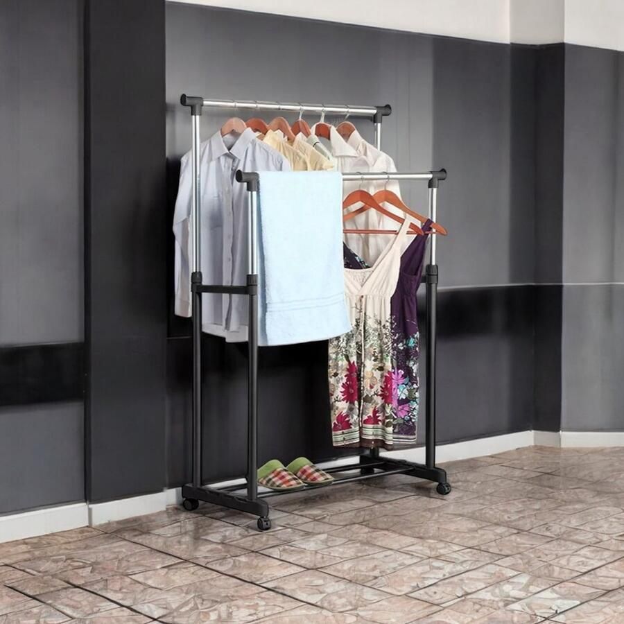 Fieldagold Professioneel Kledingrek Op Met Wielen Zwart Zilver 165 cm 2 Stang(en) Telescopische kapstok Hoogt verstelbaar Dubbel Mobiel Garderoberek Totale draagkracht 60kg Hoogwaardige Kwaliteit