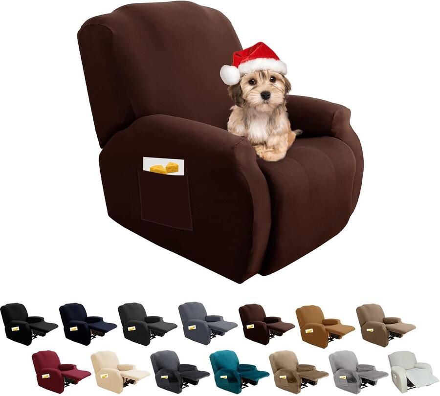 FIGOOO Stretch hoes voor relaxstoel 4-delige stretch fauteuilhoes relaxstoel met zijvak fauteuilbeschermer voor relaxstoel elastische wasbare fauteuilhoes hoes voor relaxstoel donkerbruin