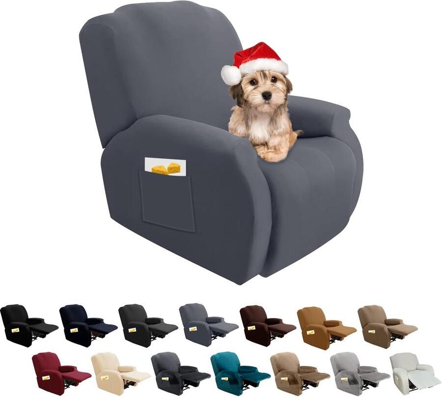 FIGOOO Stretch hoes voor relaxstoel 4-delige stretch fauteuilhoes relaxstoel met zijvak fauteuilbeschermer voor relaxstoel elastisch wasbare fauteuilhoes hoes voor relaxstoel grijs