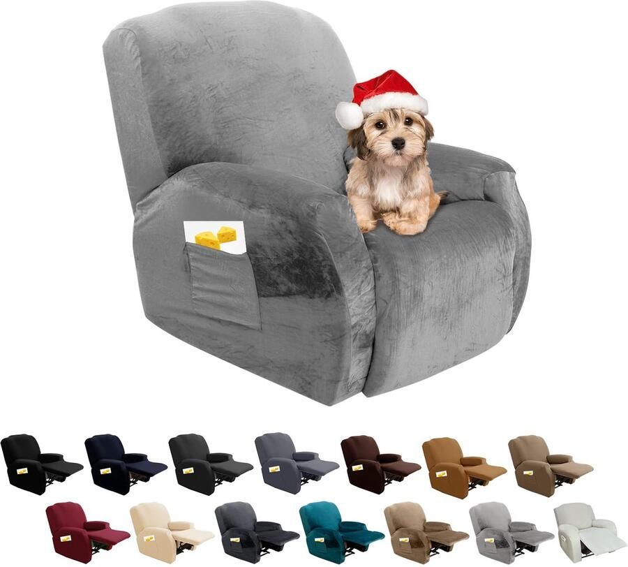 FIGOOO Stretch hoes voor relaxstoel 4-delige stretch fauteuilhoes relaxstoel met zijvak fauteuilbeschermer voor relaxstoel elastisch wasbare fauteuilhoes voor relaxstoelhoes fluweel # lichtgrijs