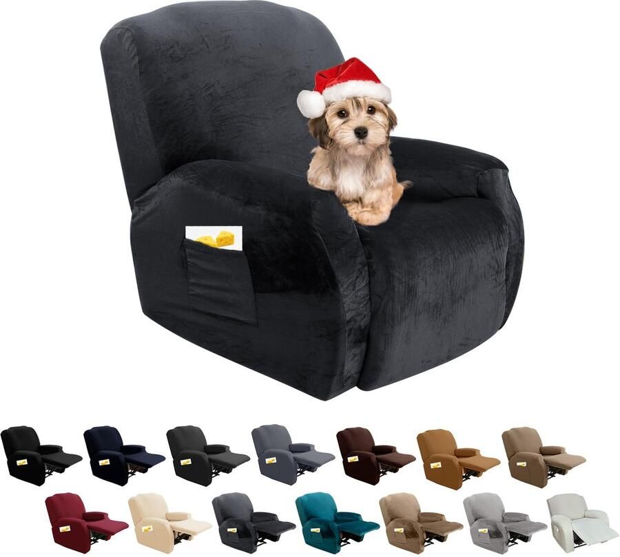 FIGOOO Stretch hoes voor relaxstoel 4-delige stretch fauteuilhoes relaxstoel met zijvak fauteuilbeschermer voor relaxstoel elastisch wasbare fauteuilhoes voor relaxstoelhoes fluweel # donkergrijs