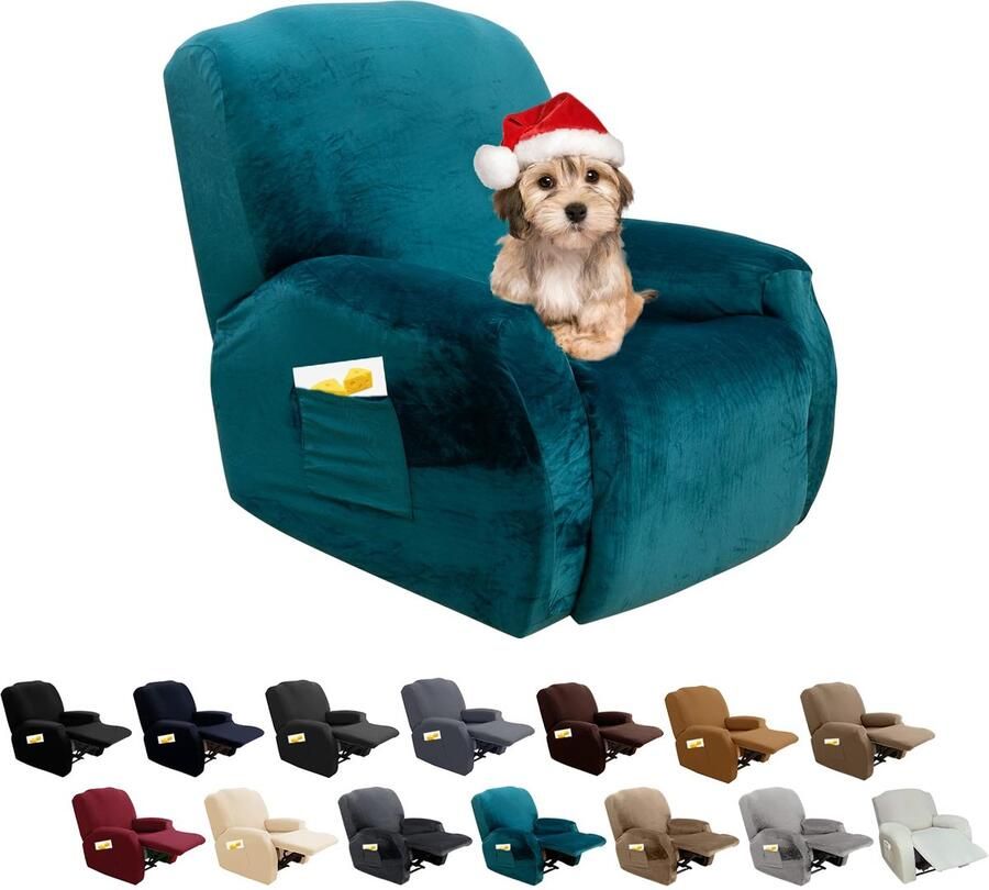 FIGOOO Stretch hoes voor relaxstoel 4-delige stretch fauteuilhoes relaxstoel met zijvak fauteuilbeschermer voor relaxstoel elastisch wasbare fauteuilhoes voor relaxstoelhoes fluweel #smaragd