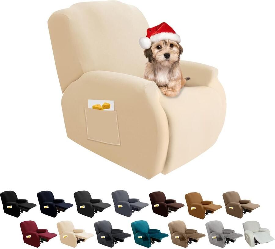 FIGOOO Stretch hoes voor relaxstoel 4-delige stretch fauteuilhoes relaxstoel met zijvak fauteuilbeschermer voor relaxstoel elastische wasbare fauteuilhoes hoes voor relaxstoel beige