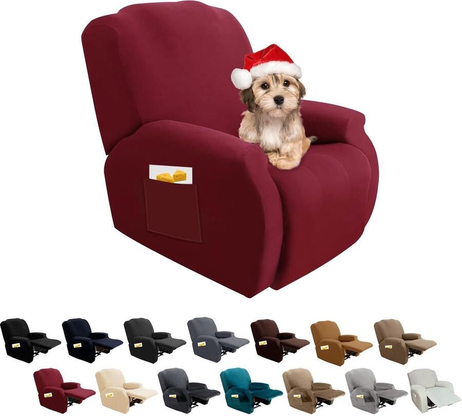 FIGOOO Stretch hoes voor relaxstoel 4-delige stretch fauteuilhoes relaxstoel met zijvak fauteuilbeschermer voor relaxstoel elastisch wasbare fauteuilhoes hoes voor relaxstoel wijnrood