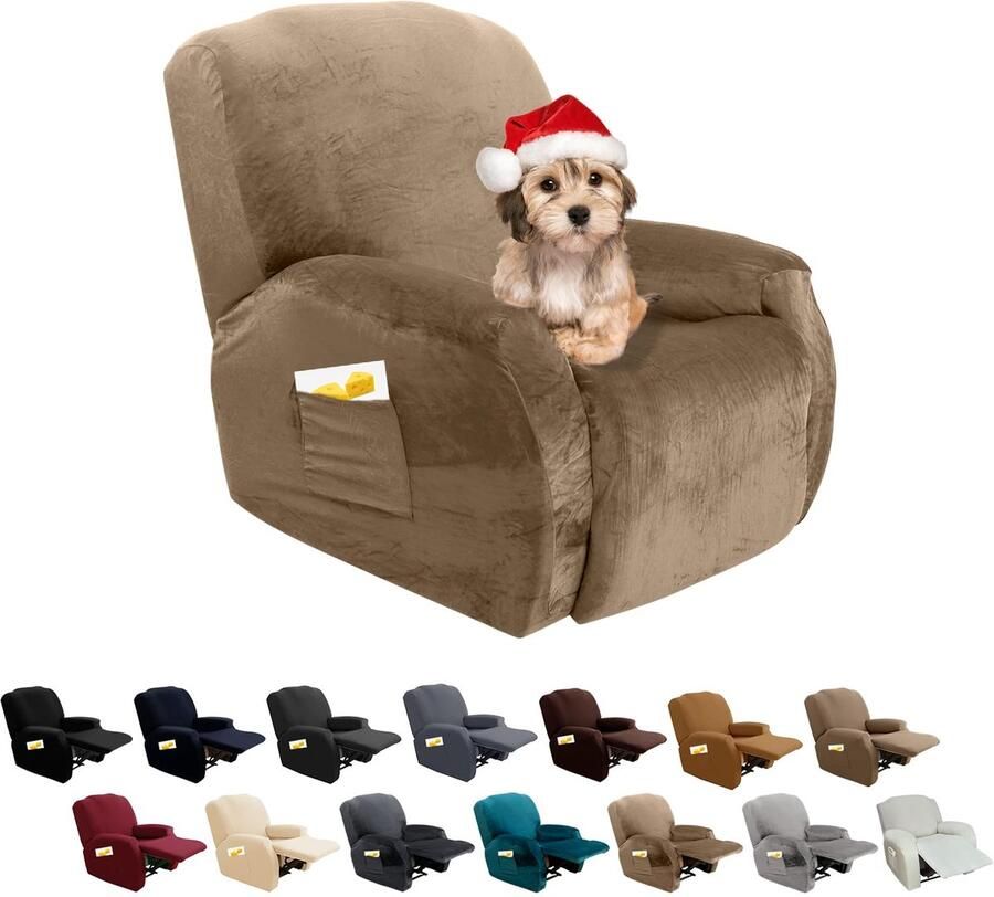 FIGOOO Stretchhoes voor relaxstoelen 4 stuks met zijvak elastische fauteuilhoes wasbaar fauteuilbeschermerhoes voor hoes fluweel #aardsbruin