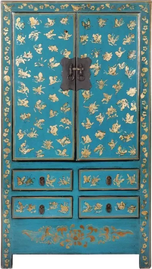 Fine Asianliving Antieke Chinese Bruidskast Blauw Goud Handgeschilderd B105xD50xH188cm Chinese Meubels Oosterse Kast