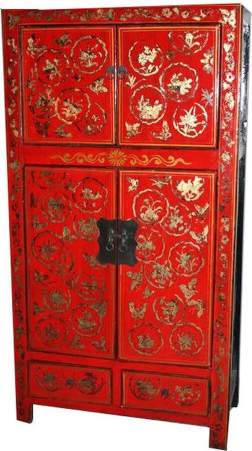Fine Asianliving Antieke Chinese Bruidskast Rood Handbeschilderd High Gloss B92xD45xH173cm Chinese Meubels Oosterse Kast
