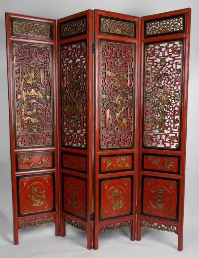 Fine Asianliving Antieke Chinese Kamerscherm Handgesneden Rood-Goud 4 Panelen 20e Eeuw