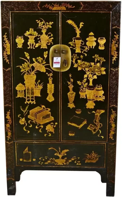 Fine Asianliving Antieke Chinese Kast Handgeschilderd Goud met Zwart B85xD45xH150cm Chinese Meubels Oosterse Kast