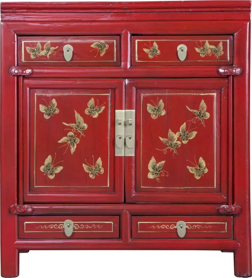 Fine Asianliving Antieke Chinese Kast Rood Vlinders Handgeschilderd B80xD40xH80cm Chinese Meubels Oosterse Kast