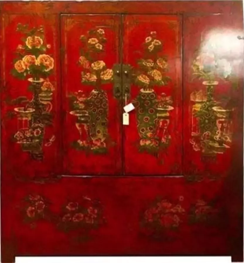 Fine Asianliving Antieke Chinese Tibetaanse Kast Handgeschilderd Rood Chinese Meubels Oosterse Kast - Foto 1