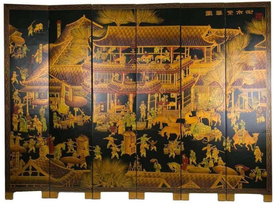 Fine Asianliving Chinees Kamerscherm 6 Panelen Handgeschilderd Dorp B240xH182cm - Foto 1