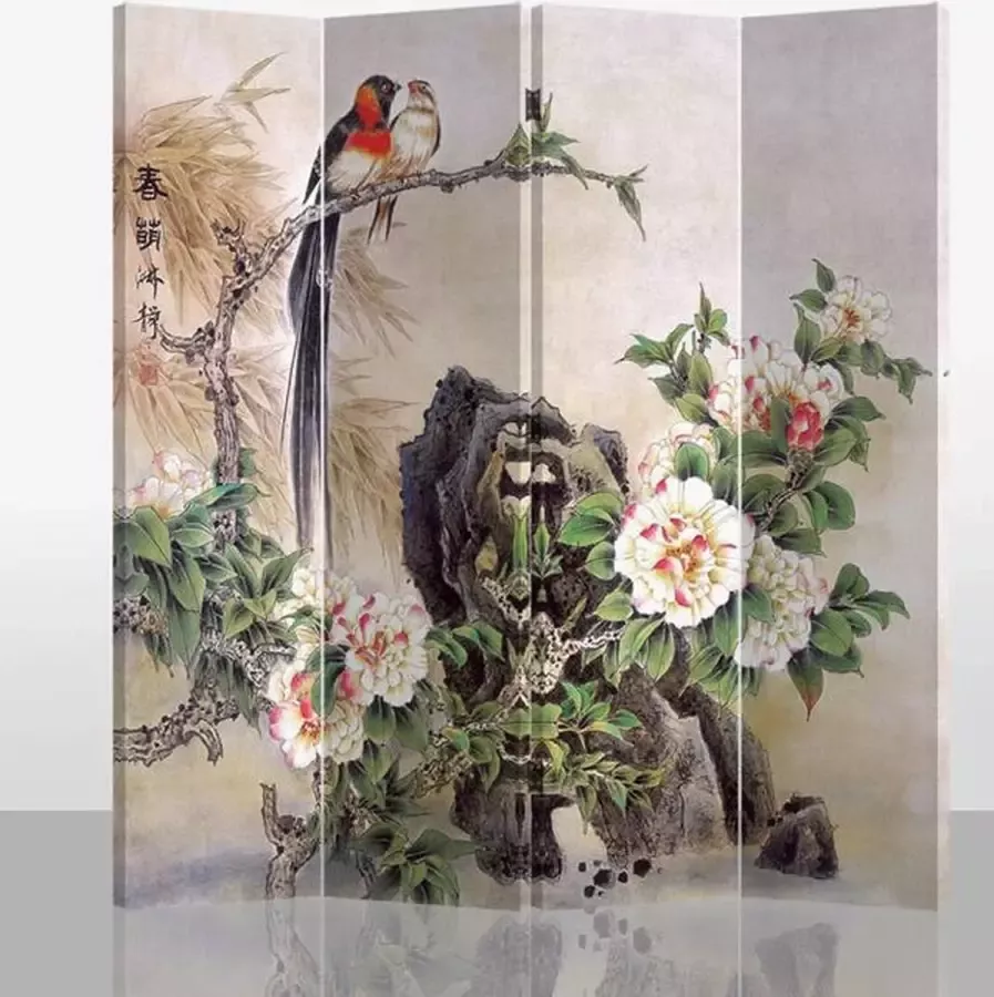 Fine Asianliving Chinees Kamerscherm B160xH180cm 4 Panelen Vogels en Mudan Pioenen - Foto 1