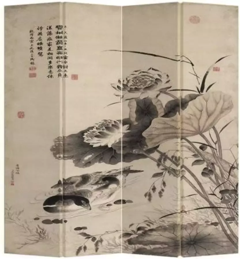 Fine Asianliving Chinees Kamerscherm Oosters Scheidingswand B160xH180cm 4 Panelen Eendjes in Lotuspond - Foto 1