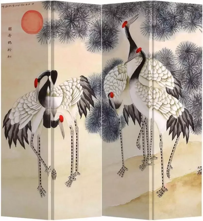 Fine Asianliving Chinees Kamerscherm Oosters Scheidingswand B160xH180cm 4 Panelen Kraanvogels Rijzende Zon - Foto 1