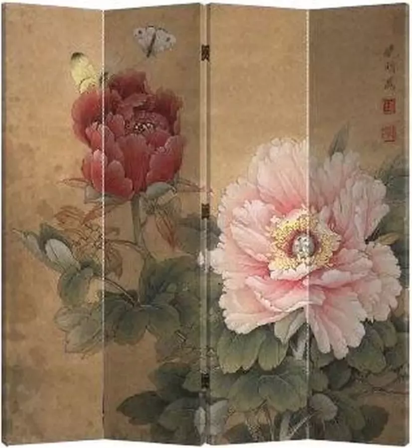 Fine Asianliving Chinees Kamerscherm Oosters Scheidingswand B160xH180cm 4 Panelen Mudan en Vlinders Vintage - Foto 1