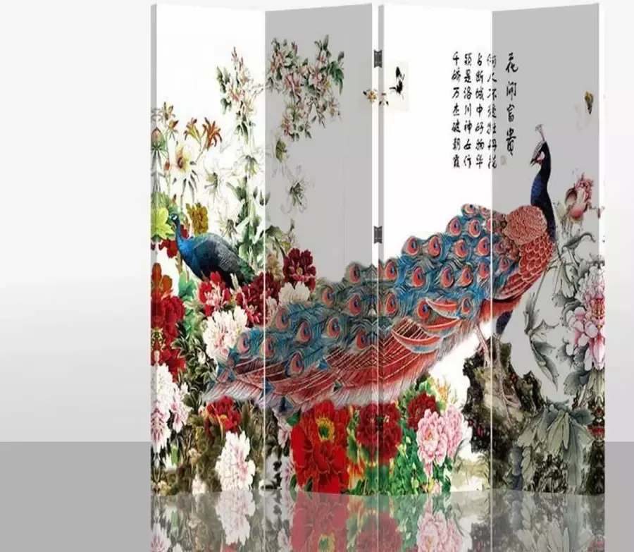 Fine Asianliving Chinees Kamerscherm Oosters Scheidingswand B160xH180cm 4 Panelen Rode Pauw met Bloemen - Foto 1
