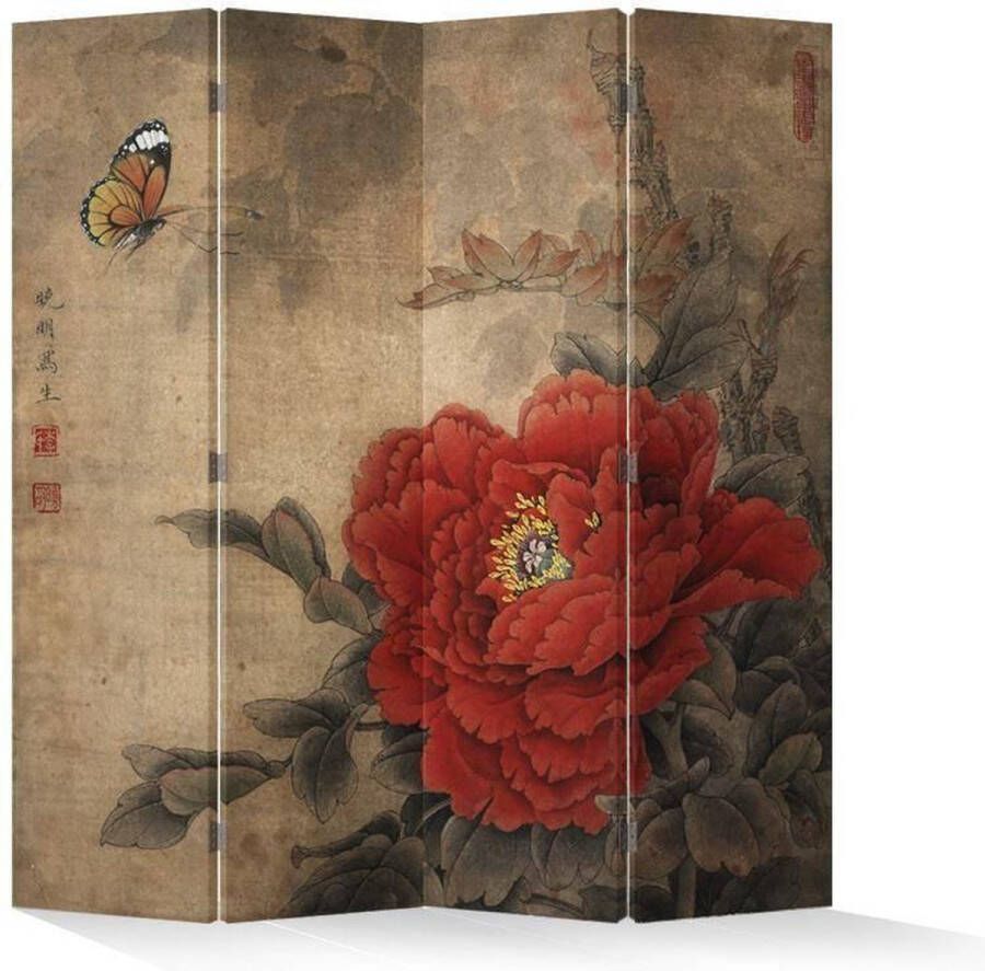 Fine Asianliving Chinees Kamerscherm Oosters Scheidingswand B160xH180cm 4 Panelen Vintage Pioen