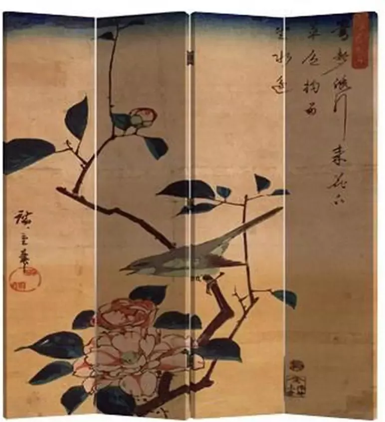Fine Asianliving Chinees Kamerscherm Oosters Scheidingswand B160xH180cm 4 Panelen Vogel en Lotusbloemen Vintage