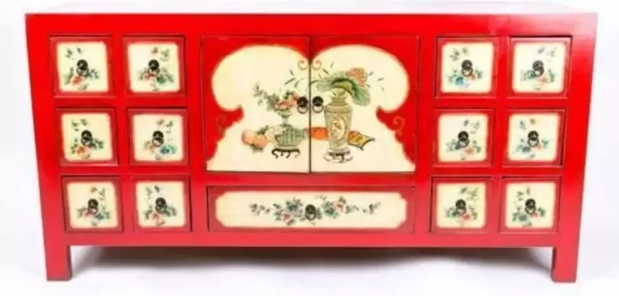 Fine Asianliving Chinese Dressoir Handgeschilderde Bloemen Rood B157xD45xH80cm Chinese Meubels Oosterse Kast