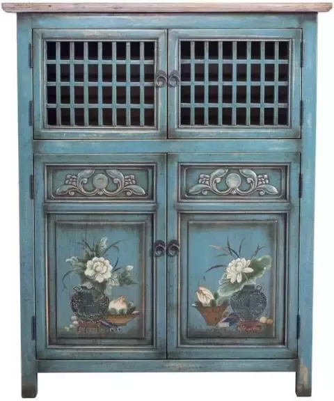 Fine Asianliving Chinese Kast Blauw Handbeschilderd L85xB45xH106cm Chinese Meubels Oosterse Kast