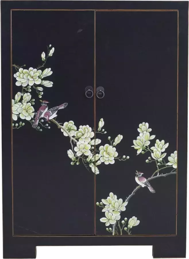 Fine Asianliving Chinese Kast Zwart Handgeschilderde Bloesems B80xD35xH99cm Chinese Meubels Oosterse Kast